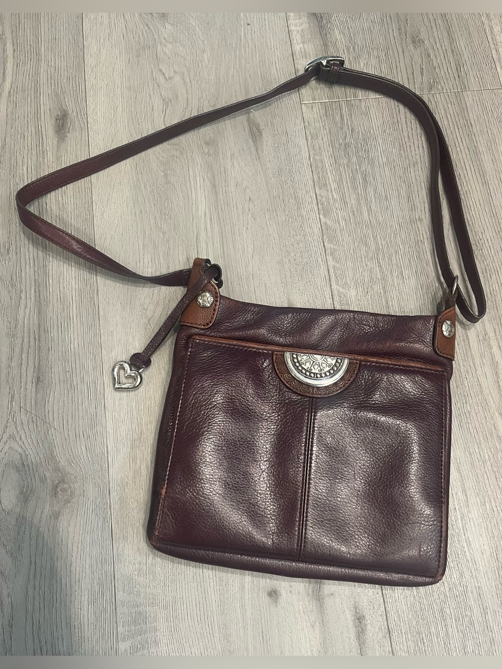 Brighton Dark Brown Leather Crossbody with Silver Heart Charm